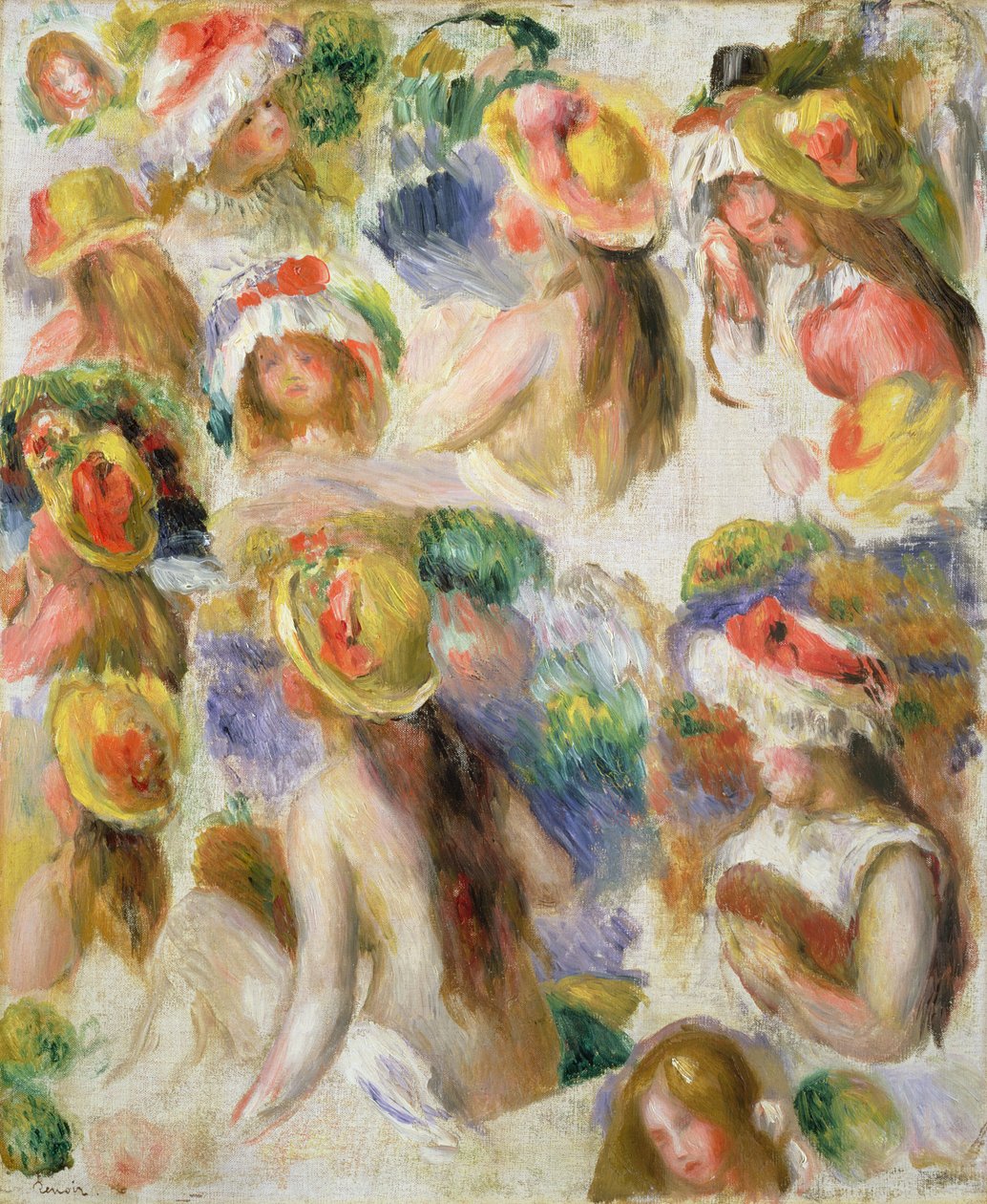 Tanulmány kalapot viselő lányokról alkotó: Pierre Auguste Renoir