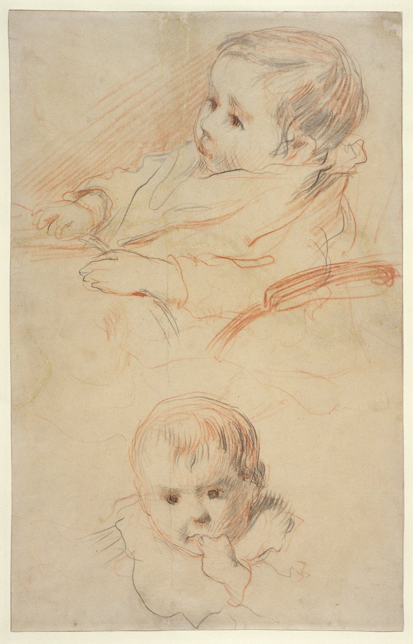 Két tanulmány egy kisgyermekről, 1875-80 (fekete és vörös kréta, sárgás papír) alkotó: Pierre Auguste Renoir