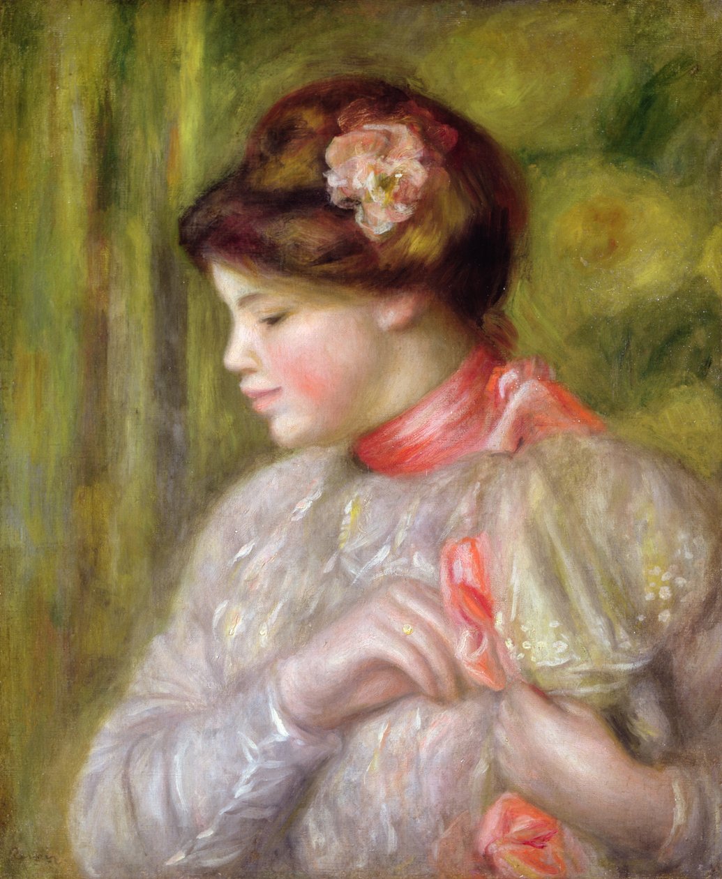 Fiatal nő igazgatja a blúzát, 1900 alkotó: Pierre Auguste Renoir