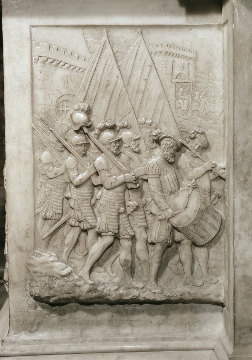 I. Frigyes 1494-1547 és felesége, Claude of France síremléke, dobos által vezetett katonák részlete, 1548-ban készült márványból. alkotó: Pierre Bontemps