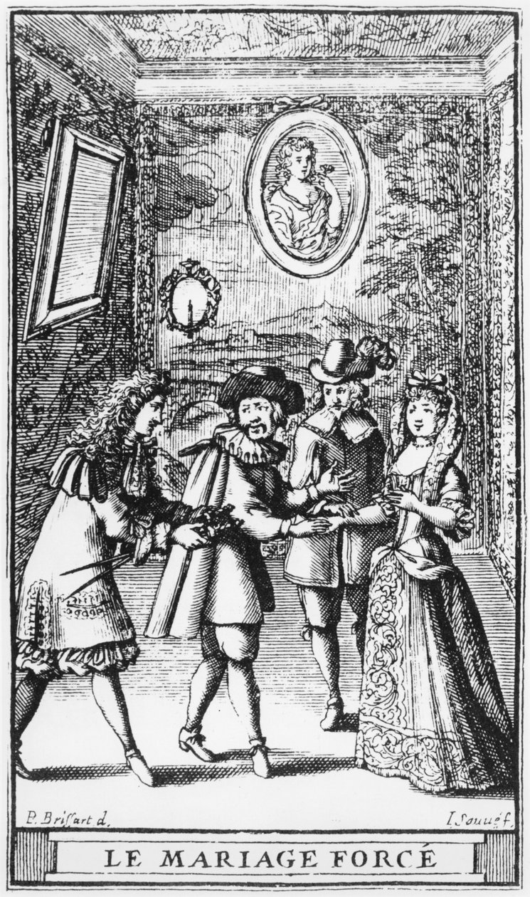 Elülső rész illusztrációja Moliere „Le Mariage force” című művéből, Jean Sauve metszete (fl.1660-91) 1664 körül alkotó: Pierre Brissart
