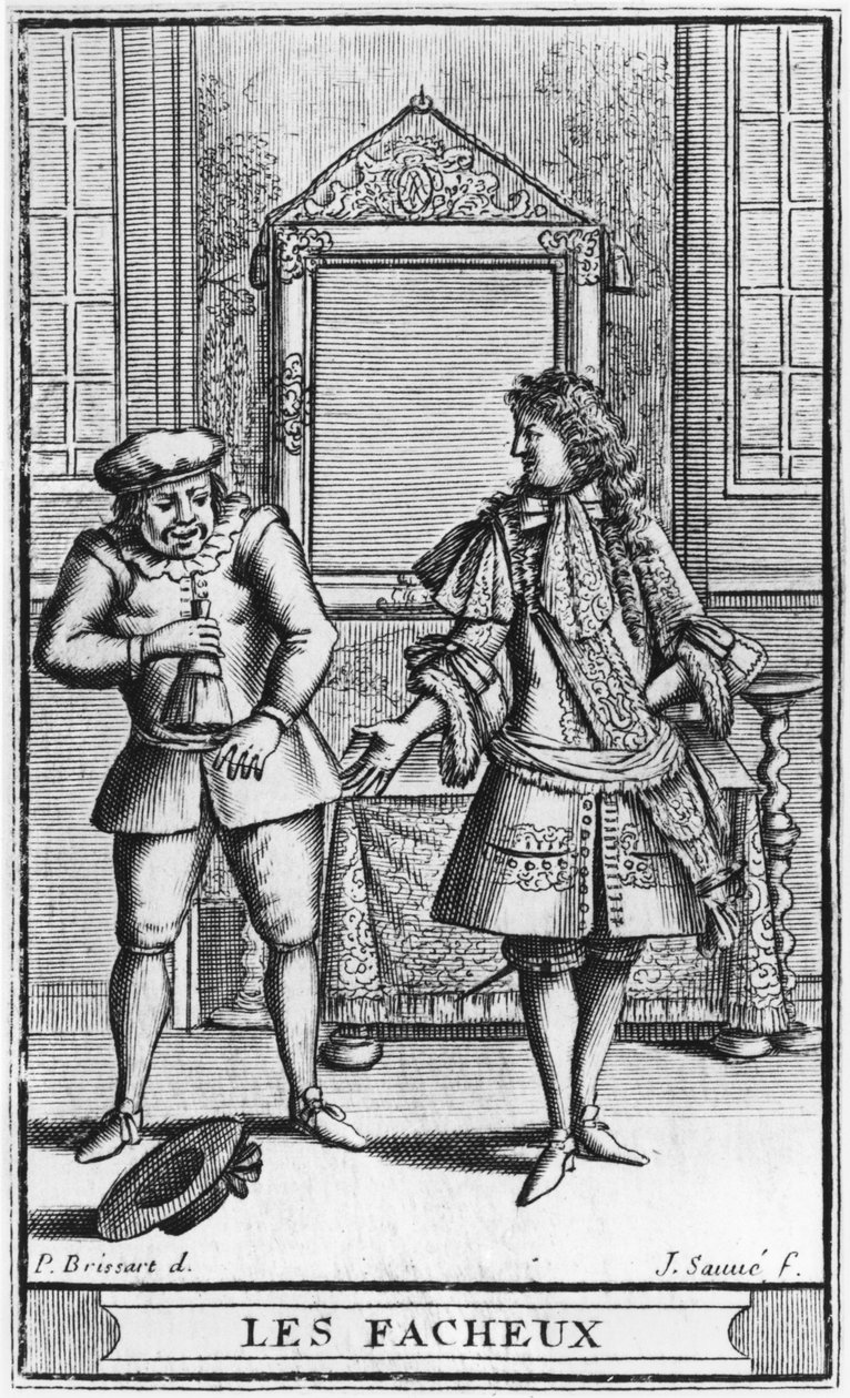 Címlapillusztráció Moliere "Les Facheux" című művéből, metszette Jean Sauve (1660-91) 1661 körül. alkotó: Pierre Brissart