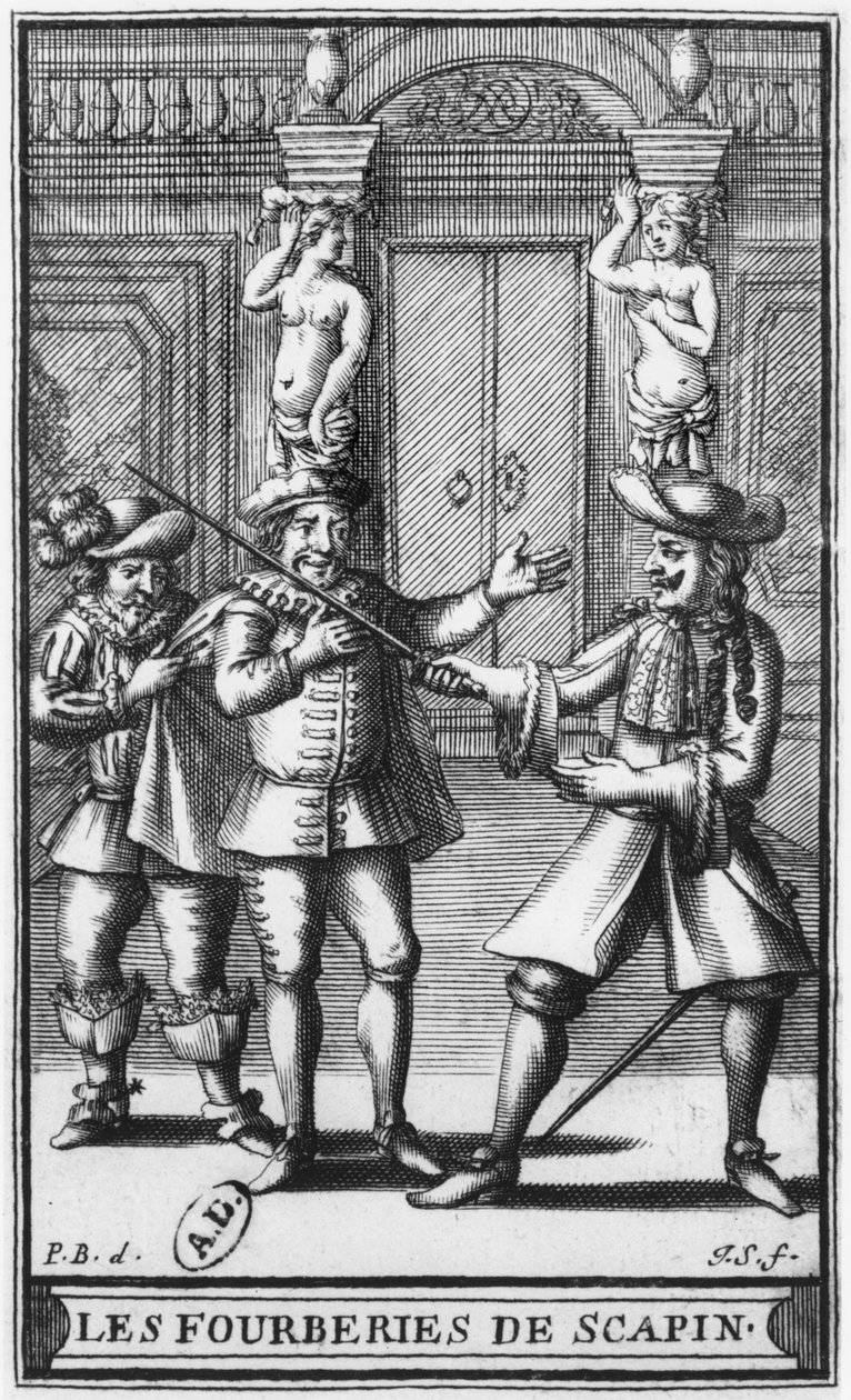 Címlapillusztráció Moliere "Les Fourberies de Scapin" című művéből, metszette Jean Sauve (1660-91), 1671 körül. alkotó: Pierre Brissart