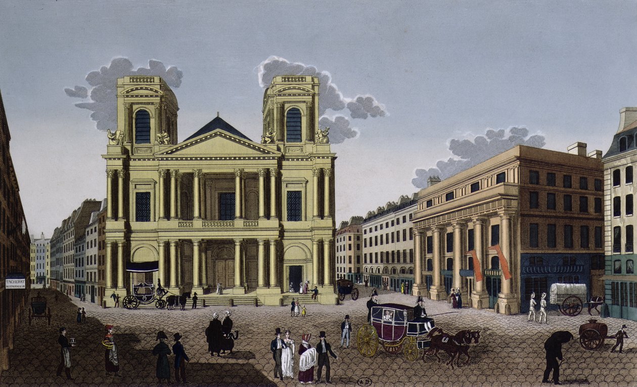 A Szent Eustache-templom tornáca, 1815-20 körül (színes metszet) alkotó: Pierre Courvoisier
