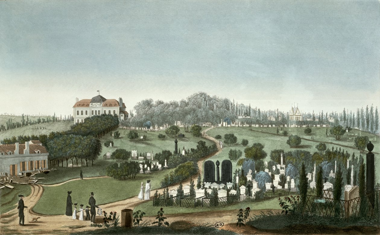 Kilátás a Pere Lachaise temetőre a bejárat felől, 1815 (színes metszet) alkotó: Pierre Courvoisier