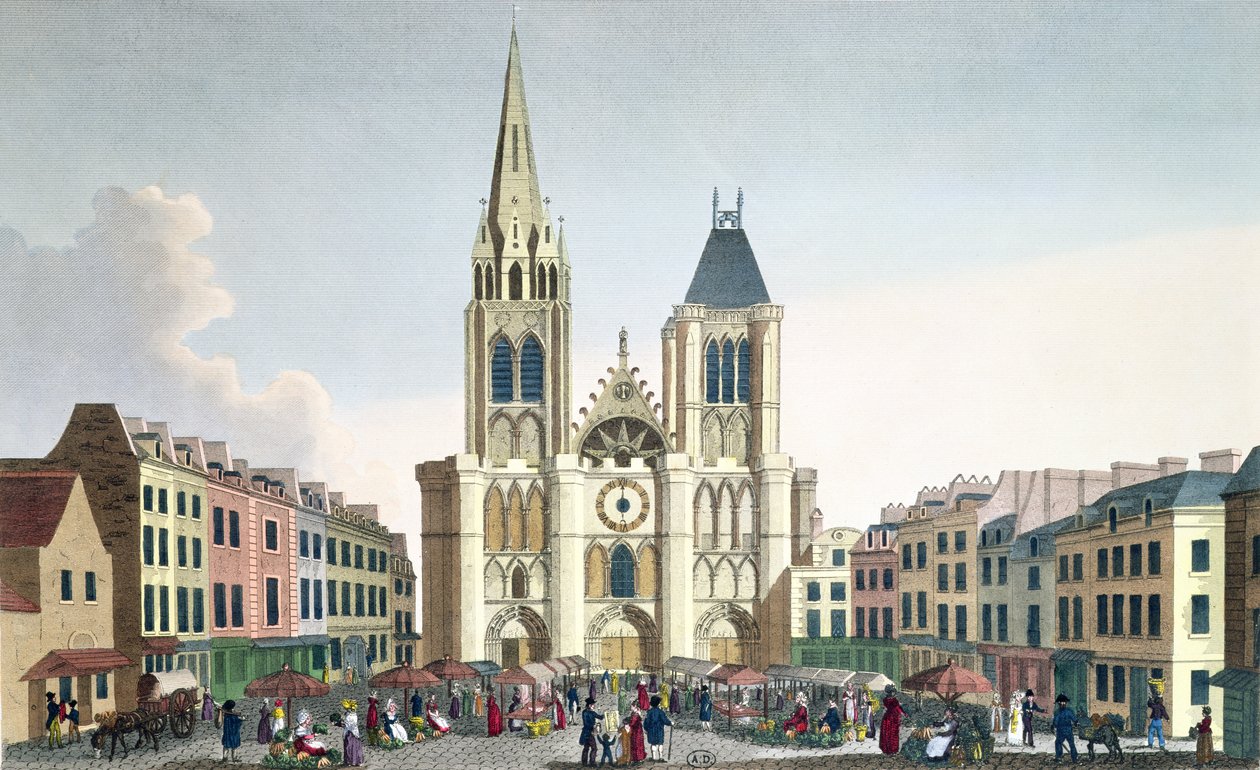 Kilátás a Párizs melletti Saint-Denis-templom homlokzatára, 1820 körül (színes metszet) alkotó: Pierre Courvoisier