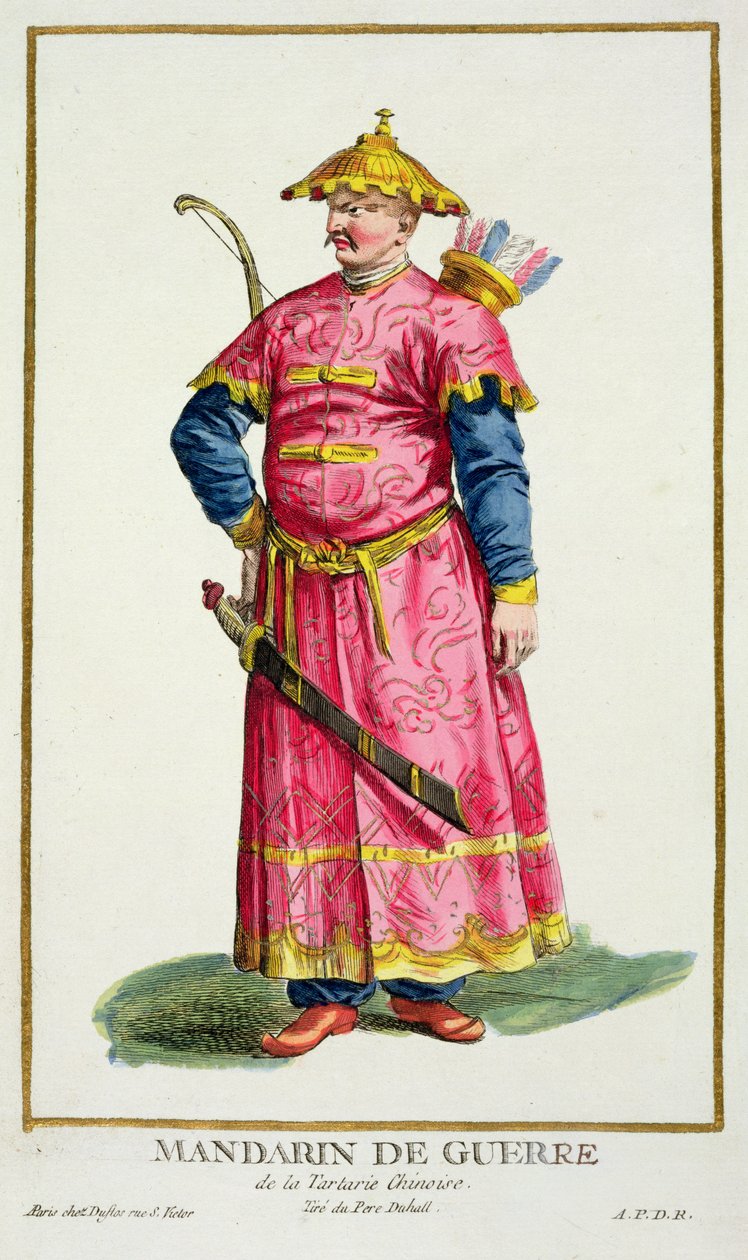 Mandarin hadúr a "Receuil des Estampes, Representant les Rangs et les Dignites, suivant le Costume de toutes les Nations existantes" című, 1780-ban megjelent kiadványból (kézzel színezett metszet). alkotó: Pierre Duflos