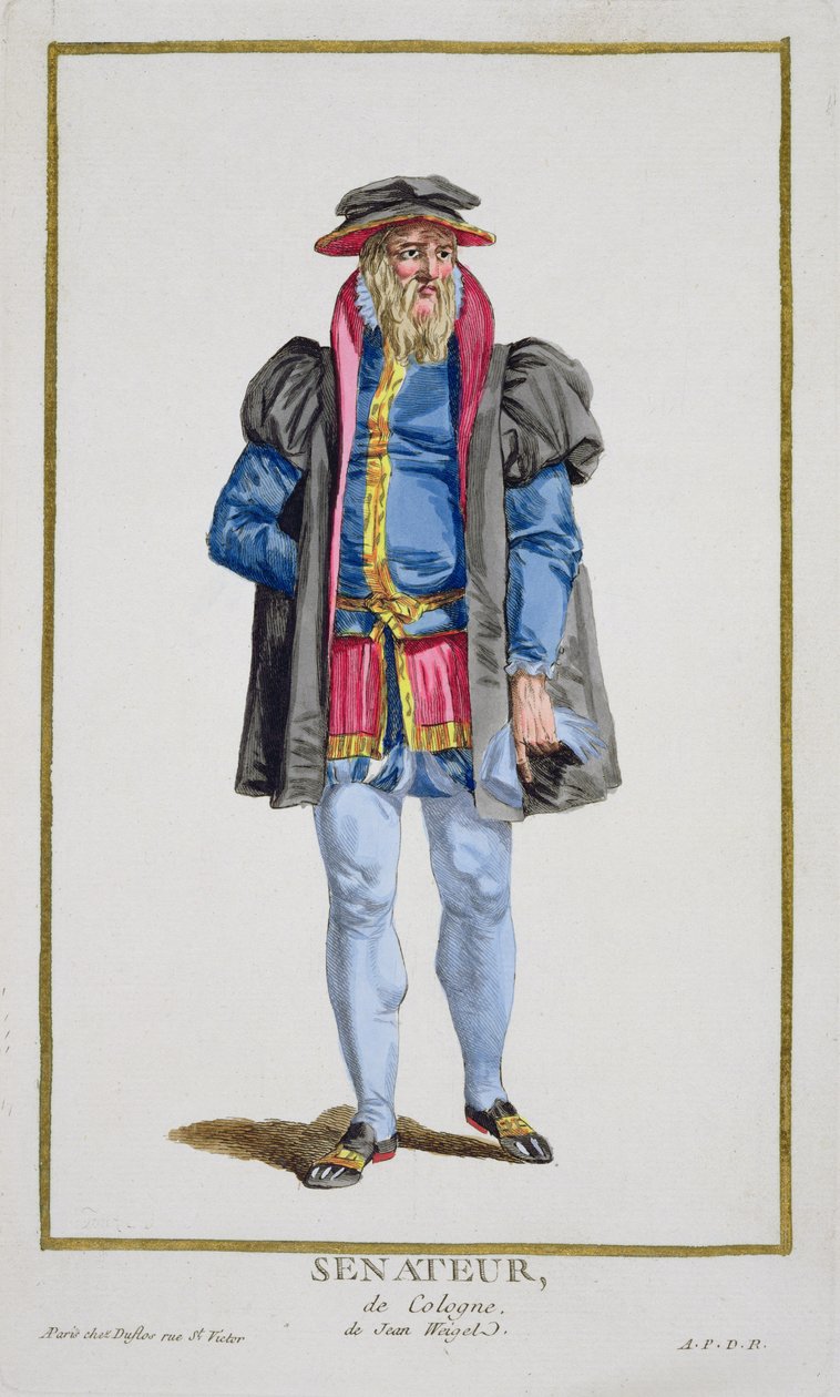 Egy kolni szenátor a „Recueil des Estampes, Representant les Rangs et les Dignites, a Costume of All Existing Nations szerint”, 1780-ban megjelent (kézzel színezett metszet) alkotó: Pierre Duflos