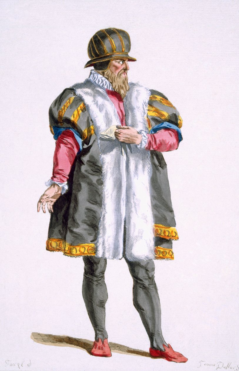 Egy lipcsei szenátor a "Receuil des Estampes, Representant les Rangs et les Dignites, suivant le Costume de toutes les Nations existantes" című, 1780-ban megjelent kiadványból (kézzel színezett metszet). alkotó: Pierre Duflos