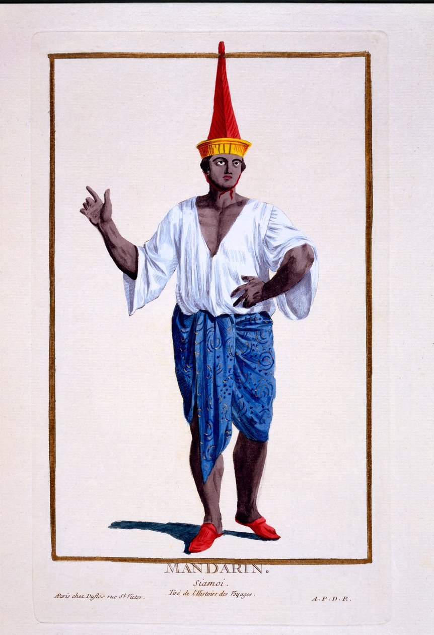 Egy sziámi mandarin vagy nevezetes személy, a "Recuil des Estampes, Representant les Rangs et les Dignités, suivant le Costume de toutes les Nations Existantes" című, 1780-ban megjelent kiadványból (kézzel színezett metszet). alkotó: Pierre Duflos