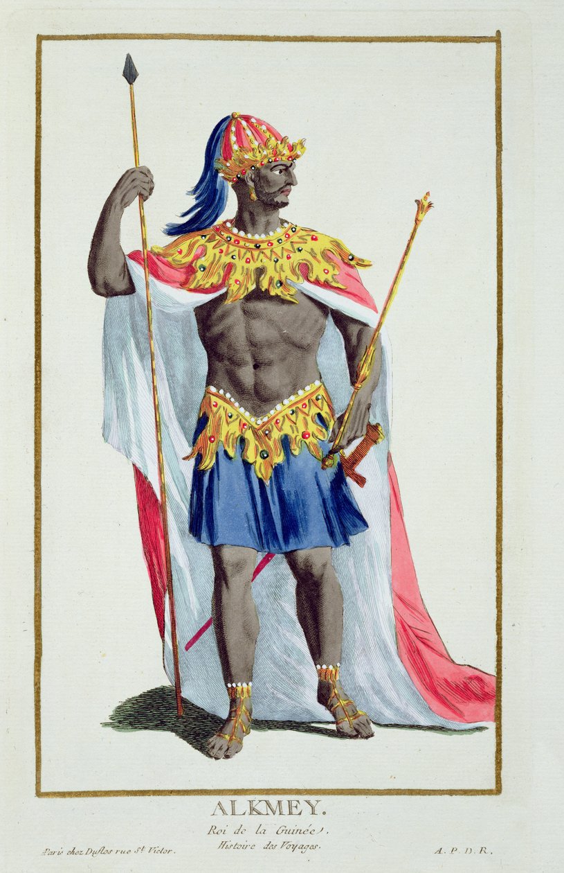 Alkemy, Guinea királya a „Recueil des Estampes, Representant les Rangs et les Dignites, a Costume of All Existing Nations szerint”, 1780-ban jelent meg (kézzel színezett metszet) alkotó: Pierre Duflos