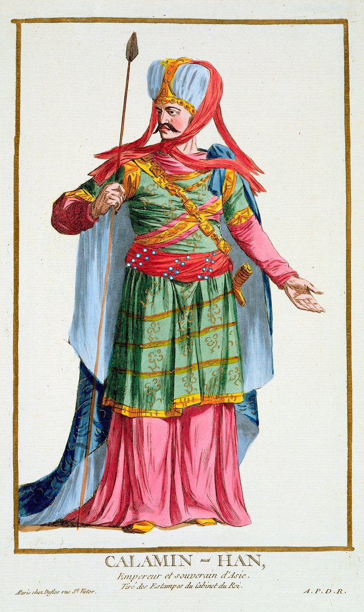 Calamin-Han, Ázsia császára és uralkodója a „Receuil des Estampes, Representant des Rangs et des Dignites, az All Existing Nations Costume of All Existing Nations szerint”, 1780-ban jelent meg (kézzel színezett engra alkotó: Pierre Duflos
