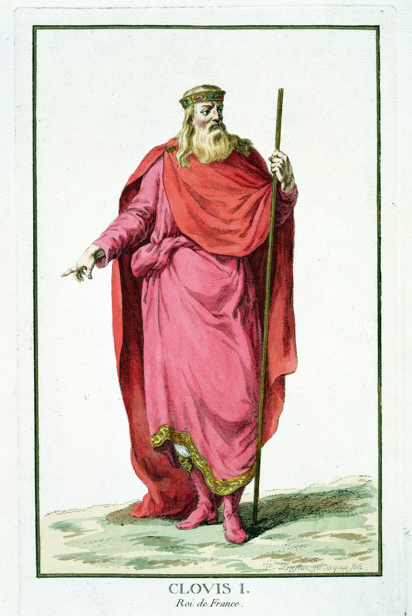 I. Clovis (481-511) A szaliai frankok királya a Receuil des Estampes, Representant des Rangs et des Dignites, az összes létező nemzet viselete szerint, 1780-ban megjelent (kézzel színezett engl. alkotó: Pierre Duflos