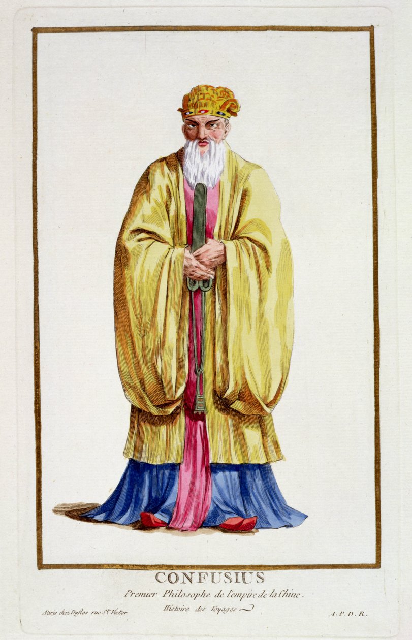 Konfucius (i. e. 551-479), a "Receuil des Estampes, representant les Rangs et les Dignites, suivant le Costume de toutes les Nations existantes" című, 1780-ban megjelent kiadványból (kézi színezett metszet). alkotó: Pierre Duflos
