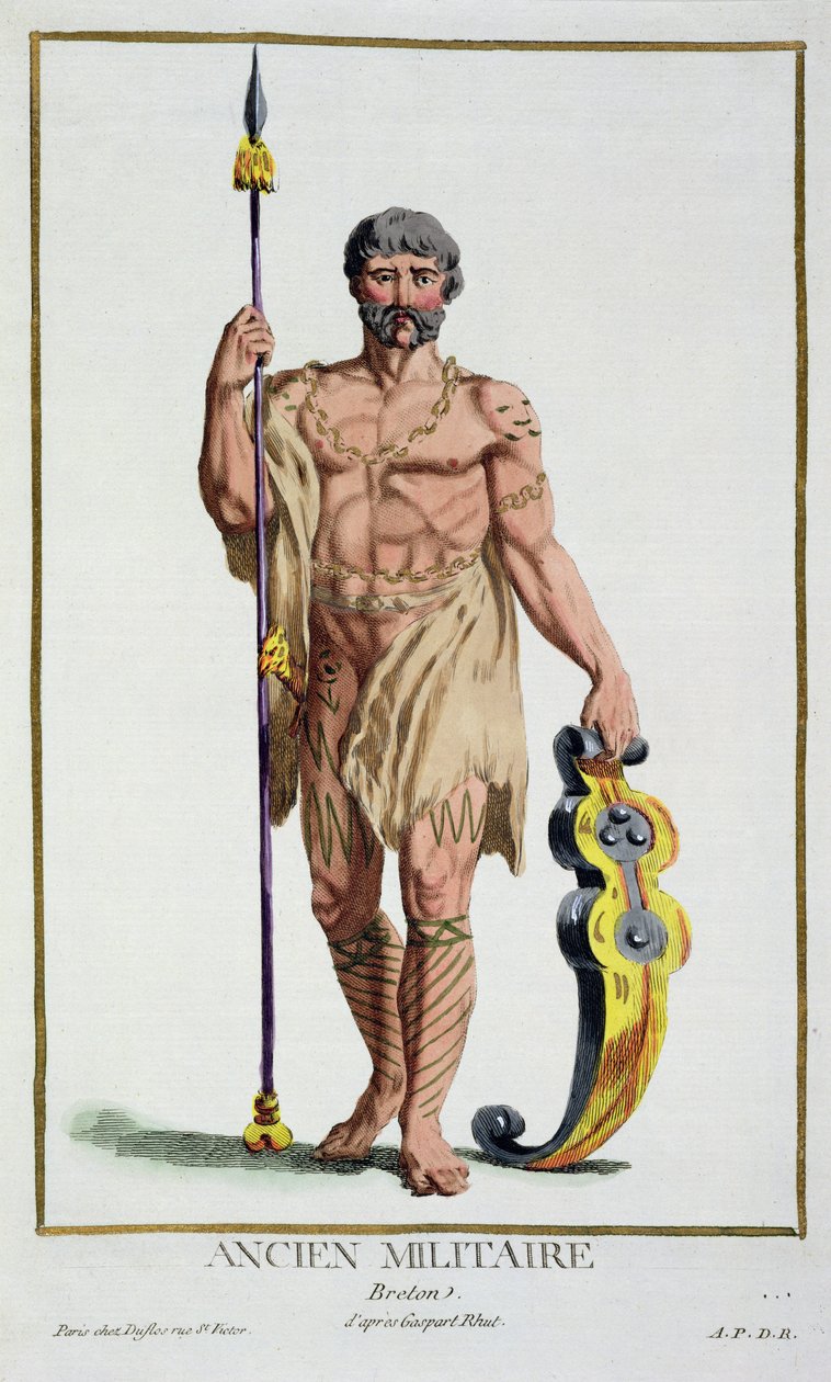Egy breton harcos ruha a „Recueil des Estampes, Representant les Rangs et les Dignites, az összes létező nemzet jelmezei szerint”, 1780-ban (kézzel színezett metszet) alkotó: Pierre Duflos