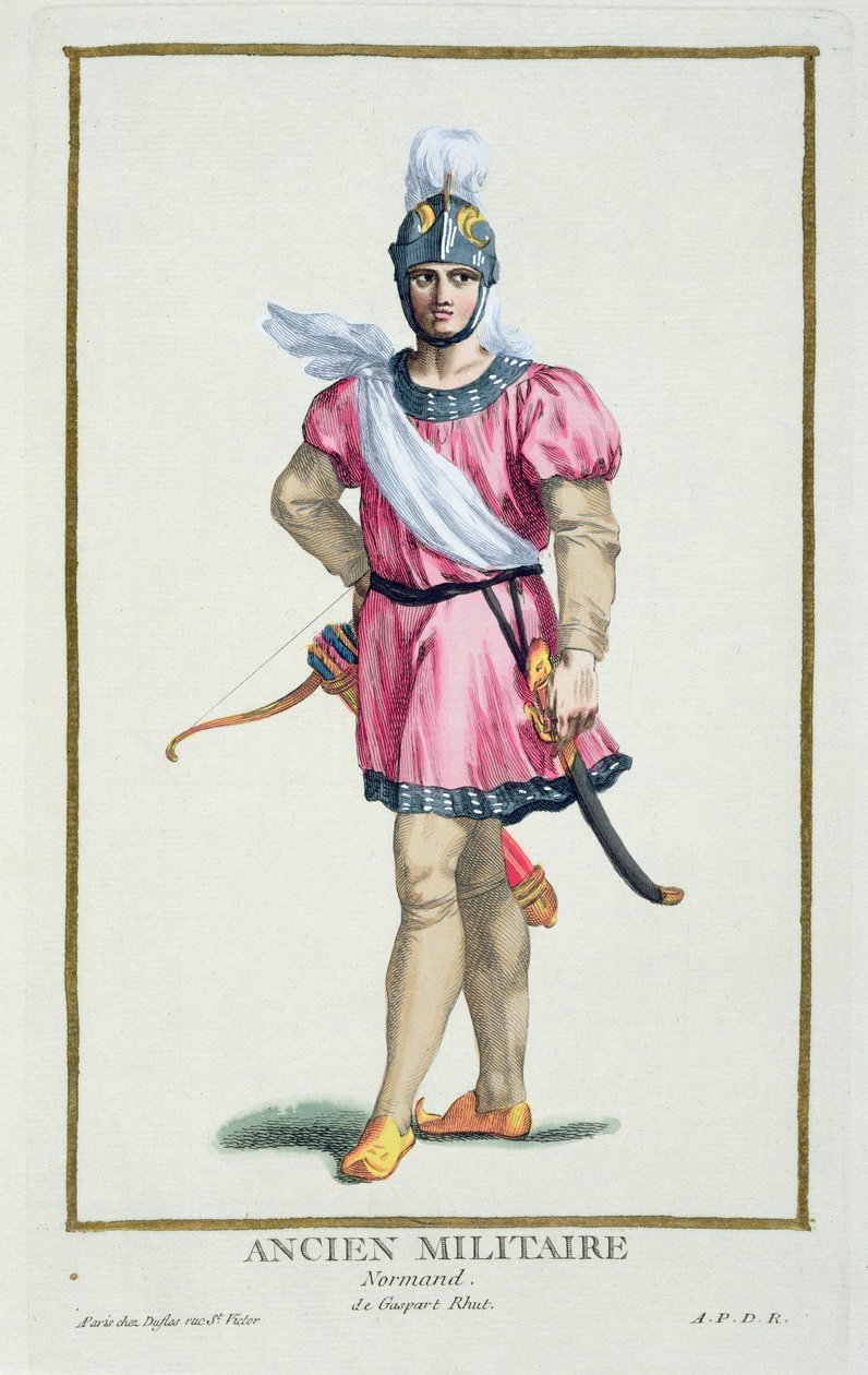 Egy normann katona ruhája a "Receuil des Estampes, Representant les Rangs et les Dignites, suivant le Costume de toutes les Nations existantes" című, 1780-ban megjelent kiadványból (kézzel színezett metszet). alkotó: Pierre Duflos