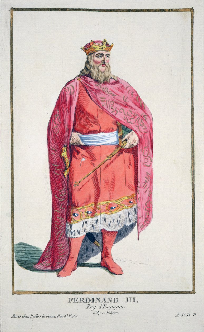Castilla y Leon Ferdinánd (1217-52) az 1780-ban kiadott „Lenyomatok gyűjteményéből, rangokat és méltóságokat reprezentáló minden létező nemzet viselete szerint” (kézzel színezett metszet) alkotó: Pierre Duflos