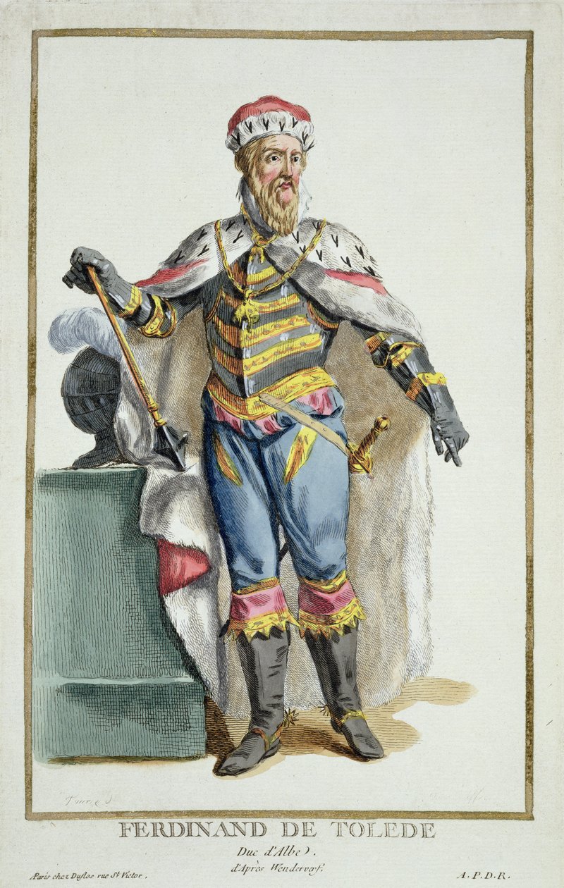 Toledói Ferdinánd (1507-82) Alva hercege a „Receuil des Estampes, Representant des Rangs et des Dignites, az összes létező nemzet viselete szerint” című művéből, 1780-ban (kézzel színezett engra) alkotó: Pierre Duflos