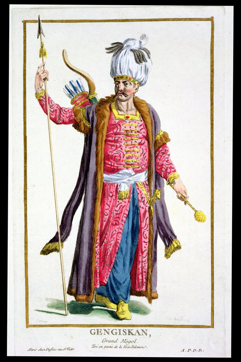 Dzsingisz kán (kb. 1162-1227) a Receuil des Estampes-ből, rangokat és méltóságokat képviselő, az összes létező nemzet jelmeze szerint, 1780-ban (kézzel színezett metszet) alkotó: Pierre Duflos