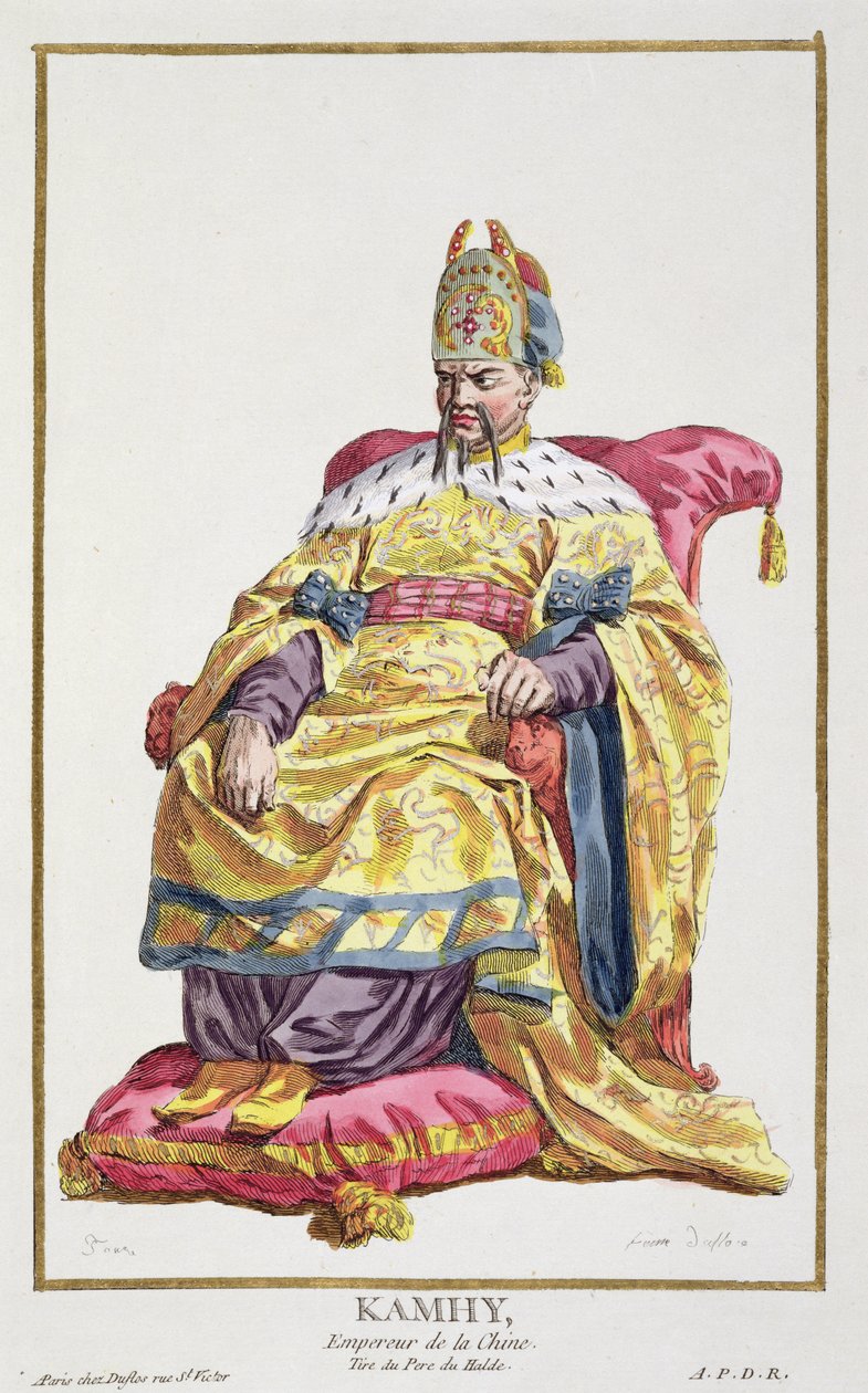 Kang Tsi (1662-1722) Kína mandzsu császára a "Receuil des Estampes, Representant les Rangs et les Dignites, suivant le Costume de toutes les Nations existantes" című, 1780-ban megjelent kiadványból (kézzel színezett eng. alkotó: Pierre Duflos