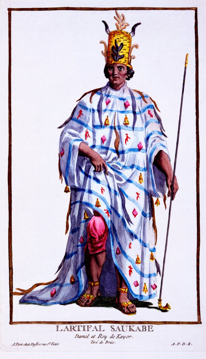 Kayor királya, Llartifal Saukabe a „Recueil des Estampesből, a rangokat és a méltóságokat képviselő, az összes létező nemzet viselete szerint”, 1780-ban jelent meg (kézzel színezett metszet) alkotó: Pierre Duflos