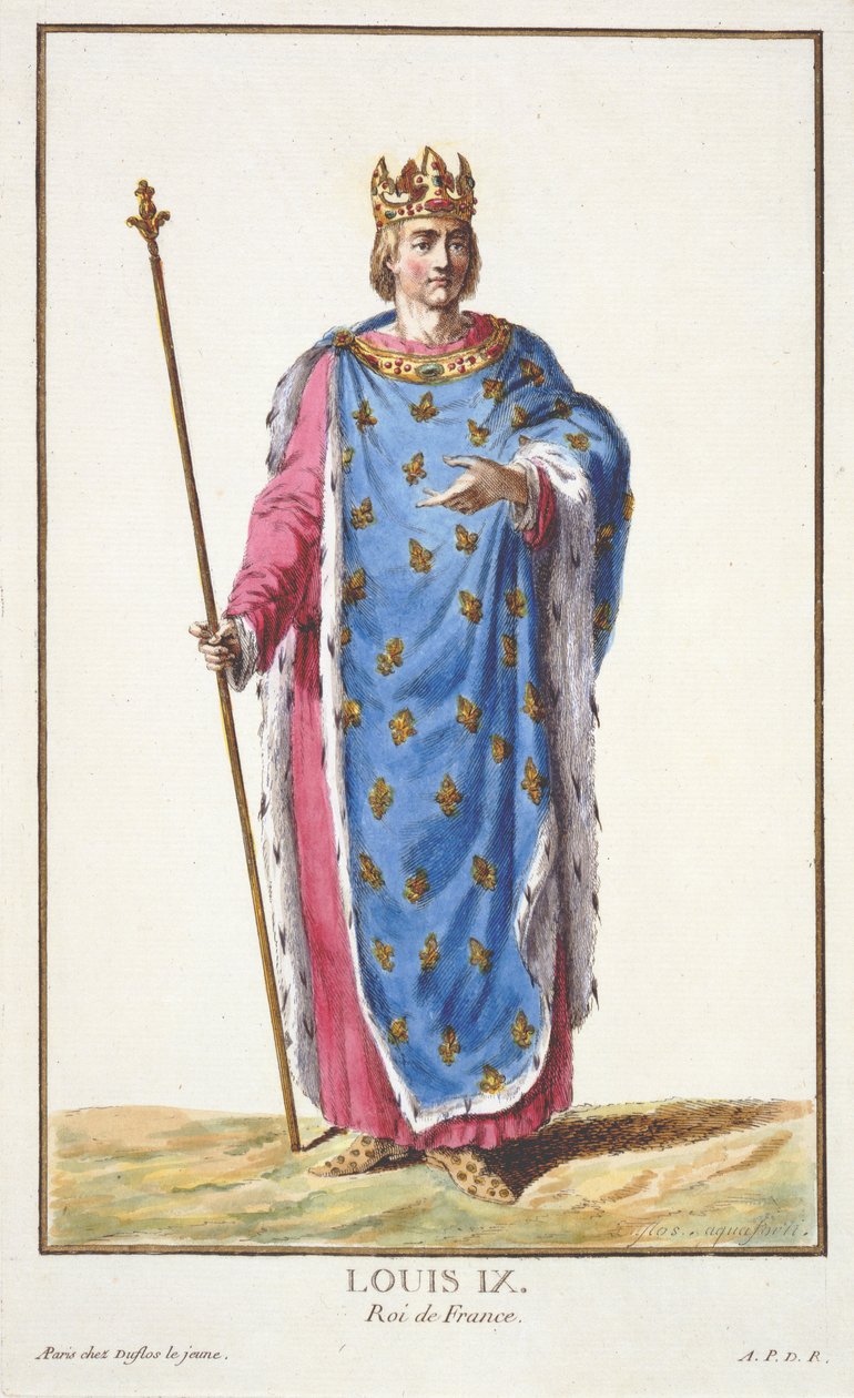 IX. Lajos (1214-70) Franciaország királya a „Receuil des Estampes, képviselő les Rangs et les Dignites, az összes létező nemzet viselete szerint”, 1780-ban megjelent (kézzel színezett metszet) alkotó: Pierre Duflos