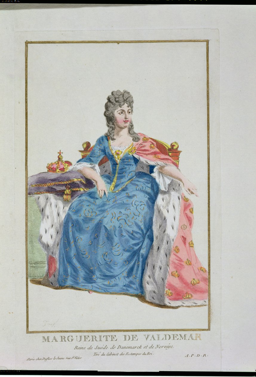 Margit (1353-1412) Dánia, Norvégia és Svédország királynője, a "Receuil des Estampes, representant les Rangs et les Dignites, suivant le Costume de toutes les Nations existantes" című, 1780-ban kiadott kiadványból (kézzel). alkotó: Pierre Duflos