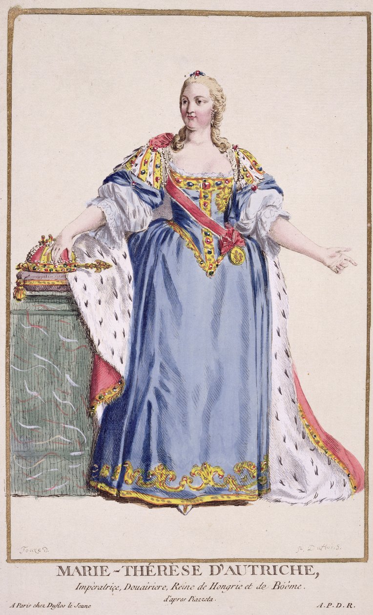 Mária Terézia (1717-80) Ausztria császárnője a „Recueil des Estampes-ből, a rangokat és a méltóságokat képviselő, az összes létező nemzet viselete szerint”, 1780-ban megjelent (kézzel színezett engr. alkotó: Pierre Duflos