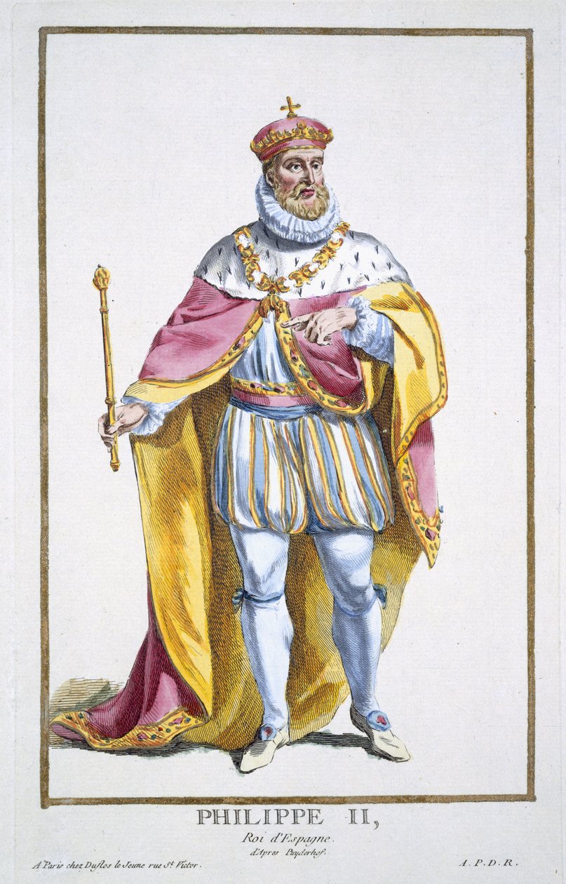 II. Fülöp (1527-98) Spanyolország királya a Receuil des Estampes-ből, a rangokat és a méltóságokat képviselő, az összes létező nemzet viselete szerint, 1780-ban (kézzel színezett metszet) alkotó: Pierre Duflos