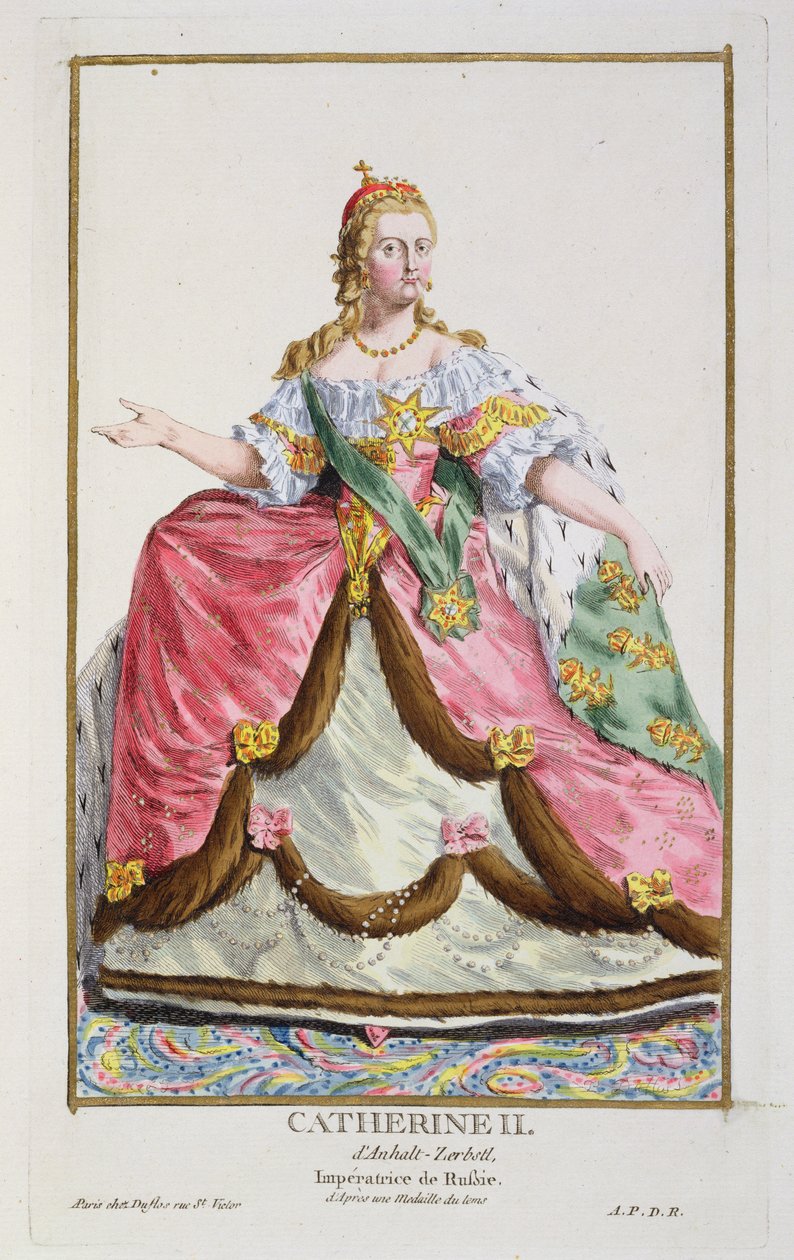 II. Katalin oroszországi „Nagy” cárnő (1729-96) portréja a világ különböző viseleteit ábrázoló táblák gyűjteményéből, 1780 (kézzel színezett rézmetszet, aranyozott) alkotó: Pierre Duflos
