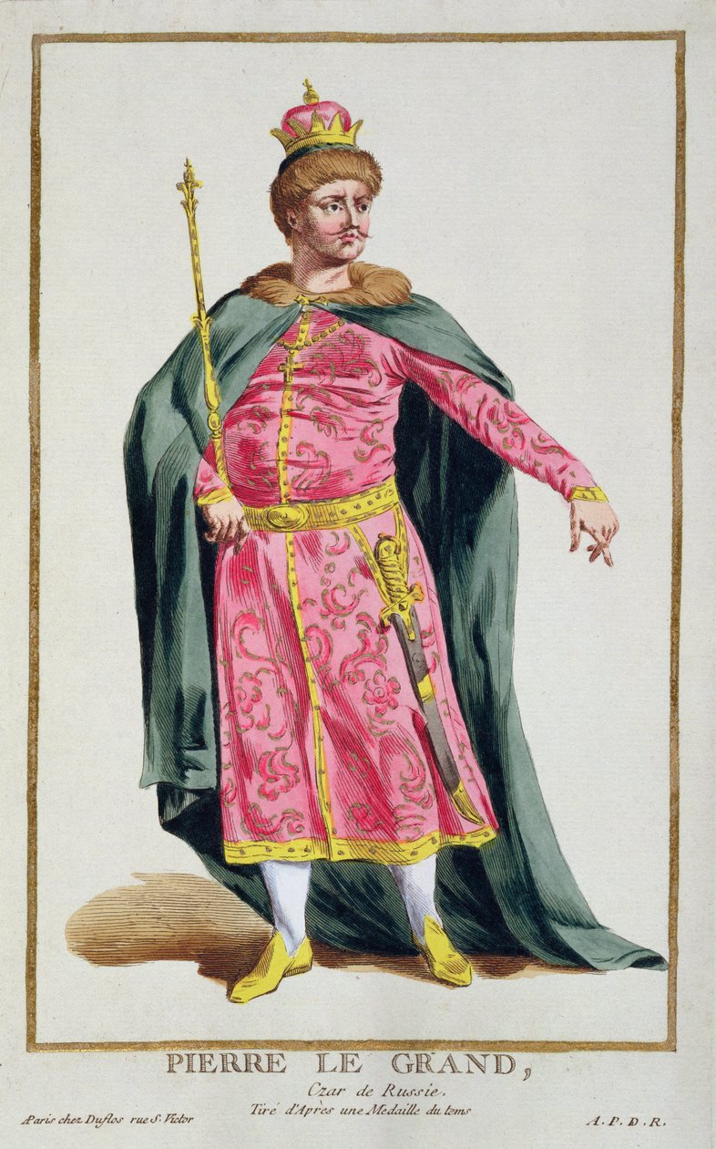 I. Nagy Péter, Oroszország cárjának (1672-1725) portréja, a világ különböző öltözeteit ábrázoló lemezek gyűjteményéből, 1780 (kézzel színezett, aranyozott rézmetszet). alkotó: Pierre Duflos
