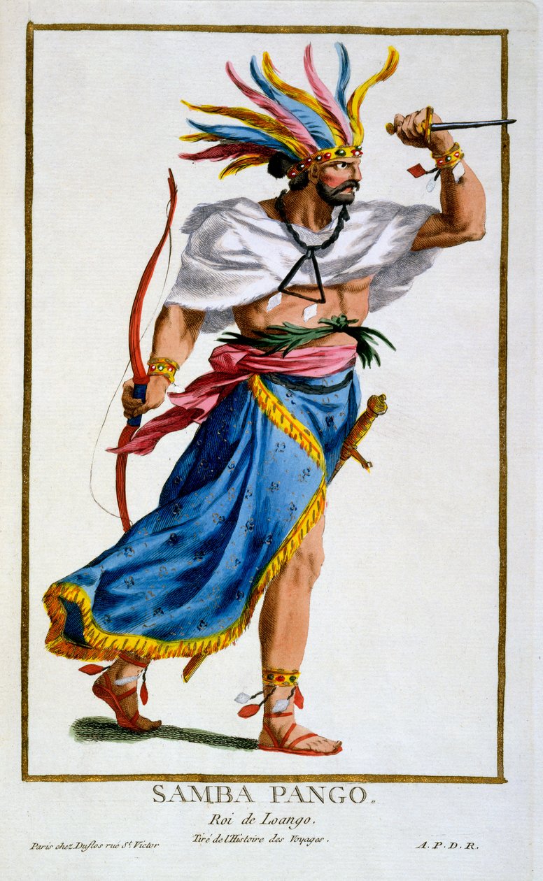 Samba Pango, Luango uralkodója a „Recuil des Estampes, Representant les Rangs et des Dignités, a Costume of All Existing Nations” című művéből, 1780-ban (kézzel színezett metszet) alkotó: Pierre Duflos
