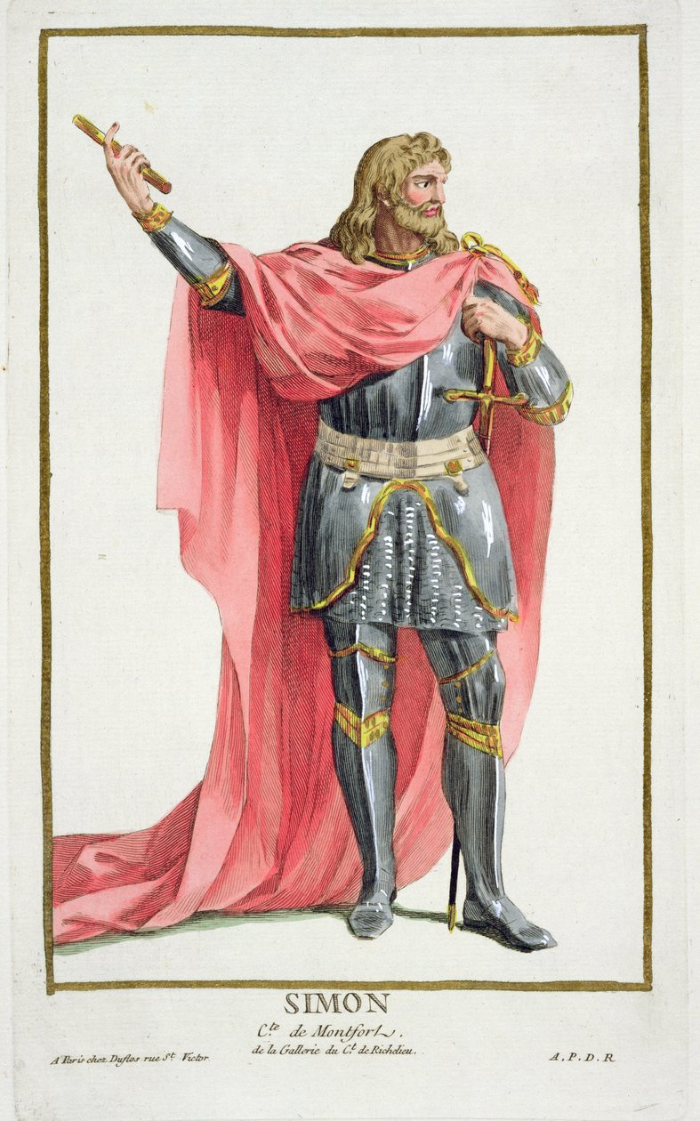 Simon de Montfort (1165-1218 körül) a "Receuil des Estampes, representant les Rangs et les Dignites, suivant le Costume de toutes les Nations existantes" című, 1780-ban megjelent kiadványból (kézzel színezett metszet). alkotó: Pierre Duflos