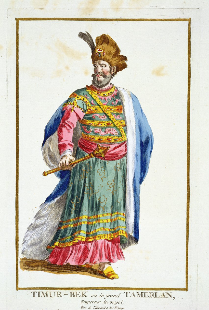 Tamburlaine (1336-1405) a Receuil des Estampes-ből, amely a rangokat és a méltóságokat képviseli, az összes létező nemzet viselete szerint, 1780-ban (kézzel színezett metszet) alkotó: Pierre Duflos