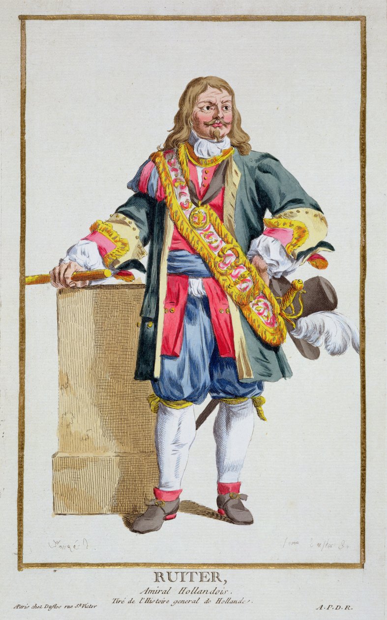 Ruyter admirális (1607-76) a „Receuil des Estampes, Representant des Rangs et des Dignites, az összes létező nemzet viselete szerint”, 1780-ban megjelent (kézzel színezett metszet) alkotó: Pierre Duflos
