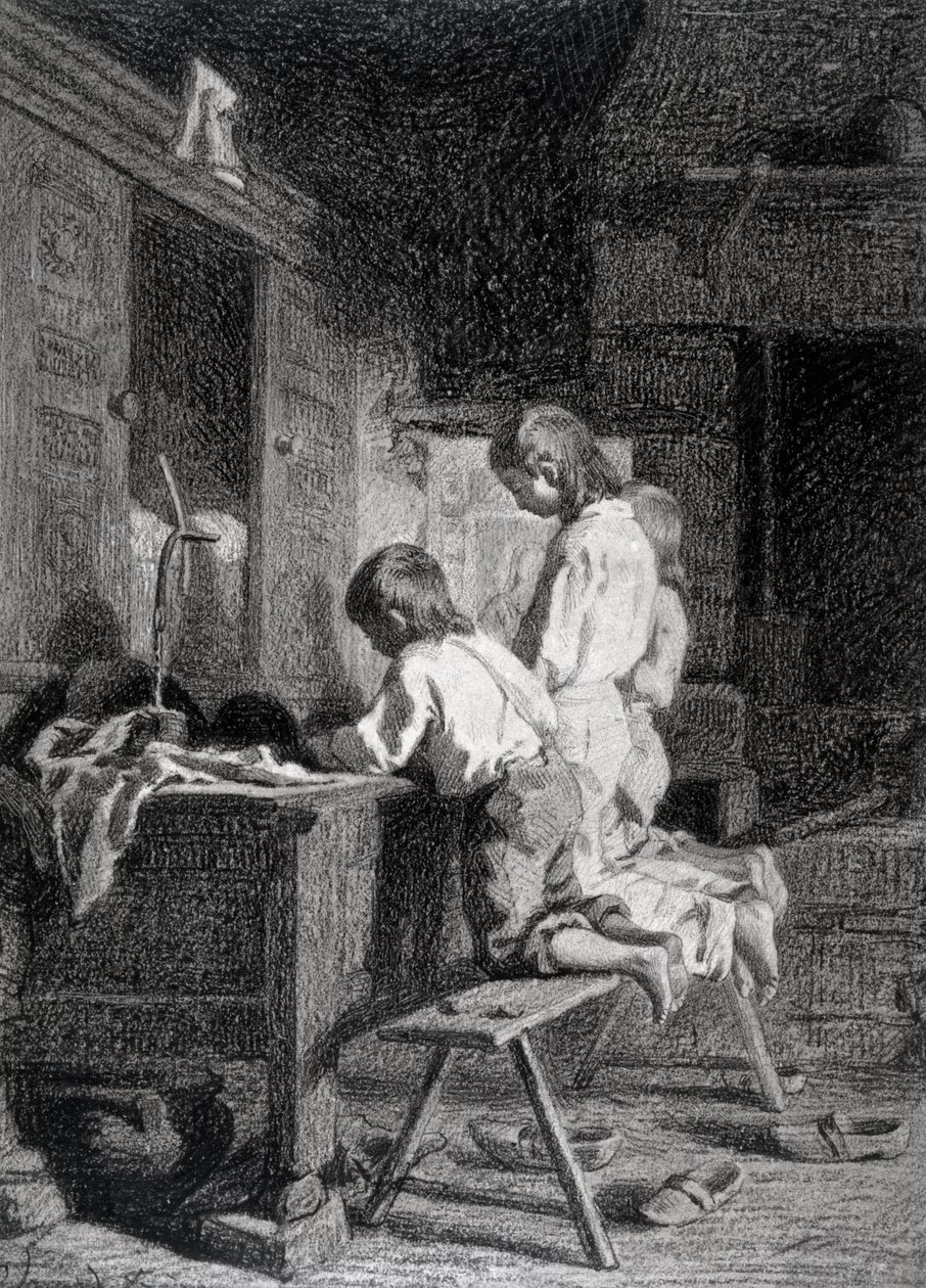 Belső térdelő három fiúval (fekete zsírkréta barna tintával, papíron mosva) alkotó: Pierre Edouard Frere