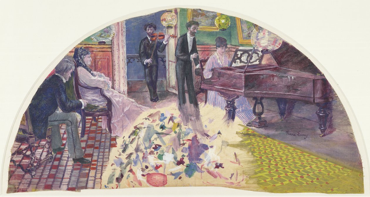 Nina de Callias társalgóját ábrázoló rajongói vázlat, rajta Callias a zongoránál, mellette Ernest Cabaner áll, Charles Cros hegedül, 1875-77 körül (gouache és wc, vászon) alkotó: Pierre Franc Lamy