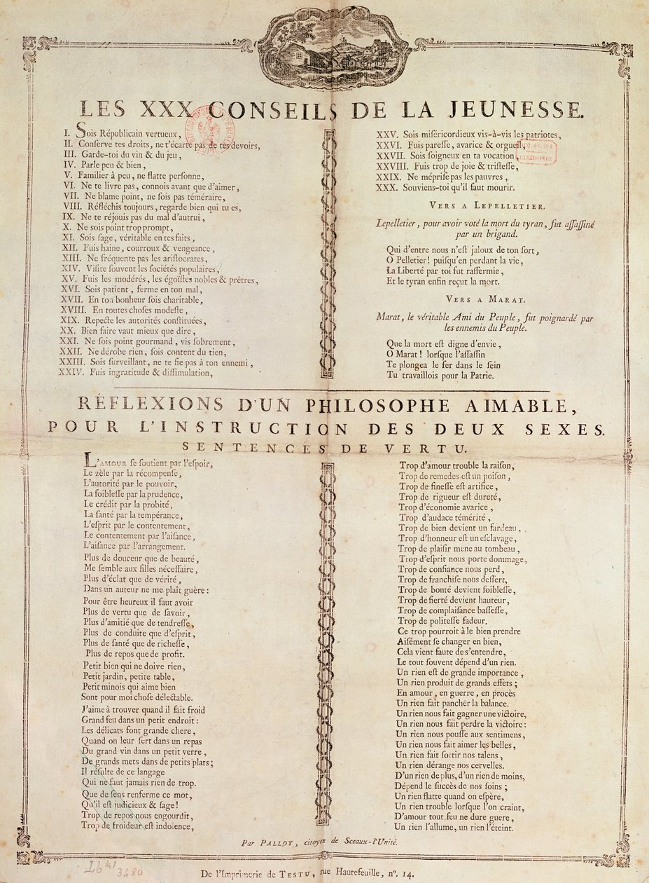 Harminc tanács a fiataloknak: Egy filozófus elmélkedései mindkét nem oktatására, 1794 (nyomtatás) alkotó: Pierre Francois Palloy