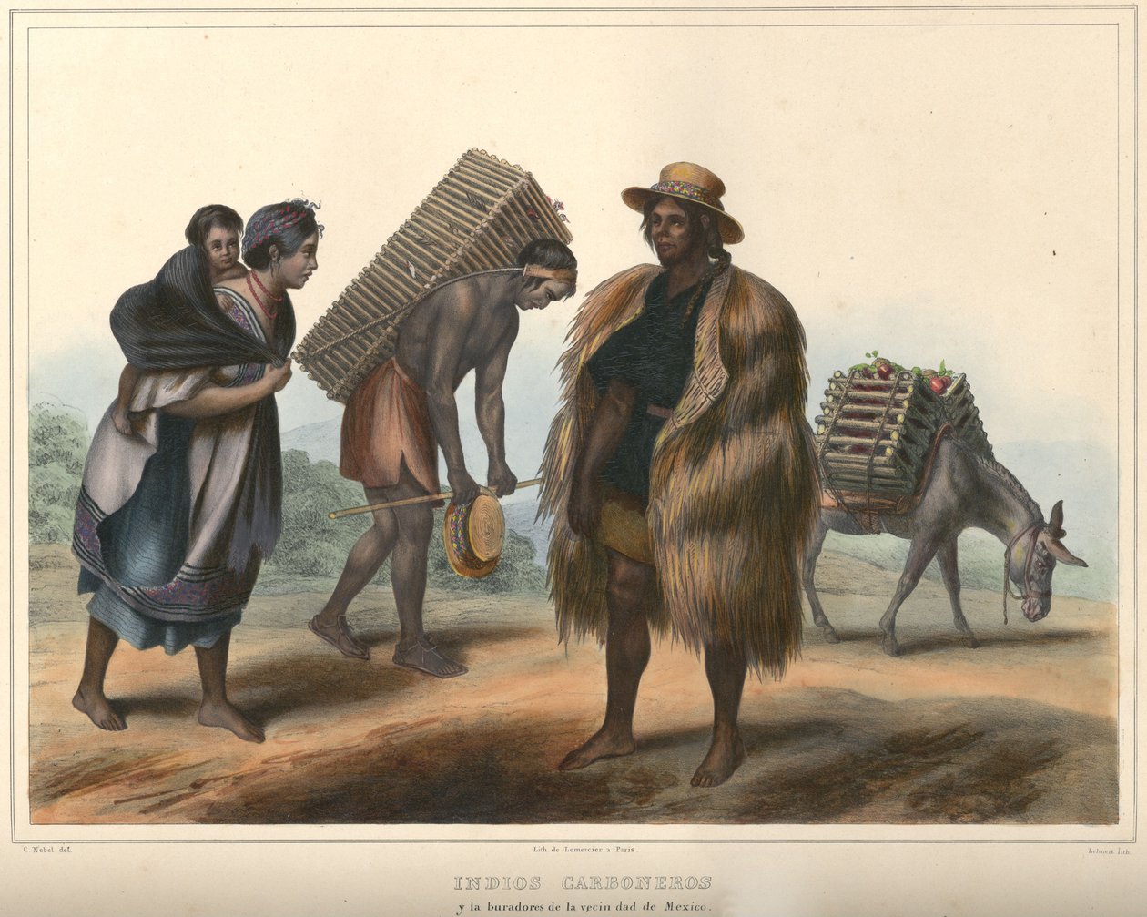 Indios Carboneros, jelmezcsoport. Kézi színű litográfia, gumiarábikummal kiemelve. Eredeti méret (tiszta sorok) alkotó: Pierre Frédéric Lehnert