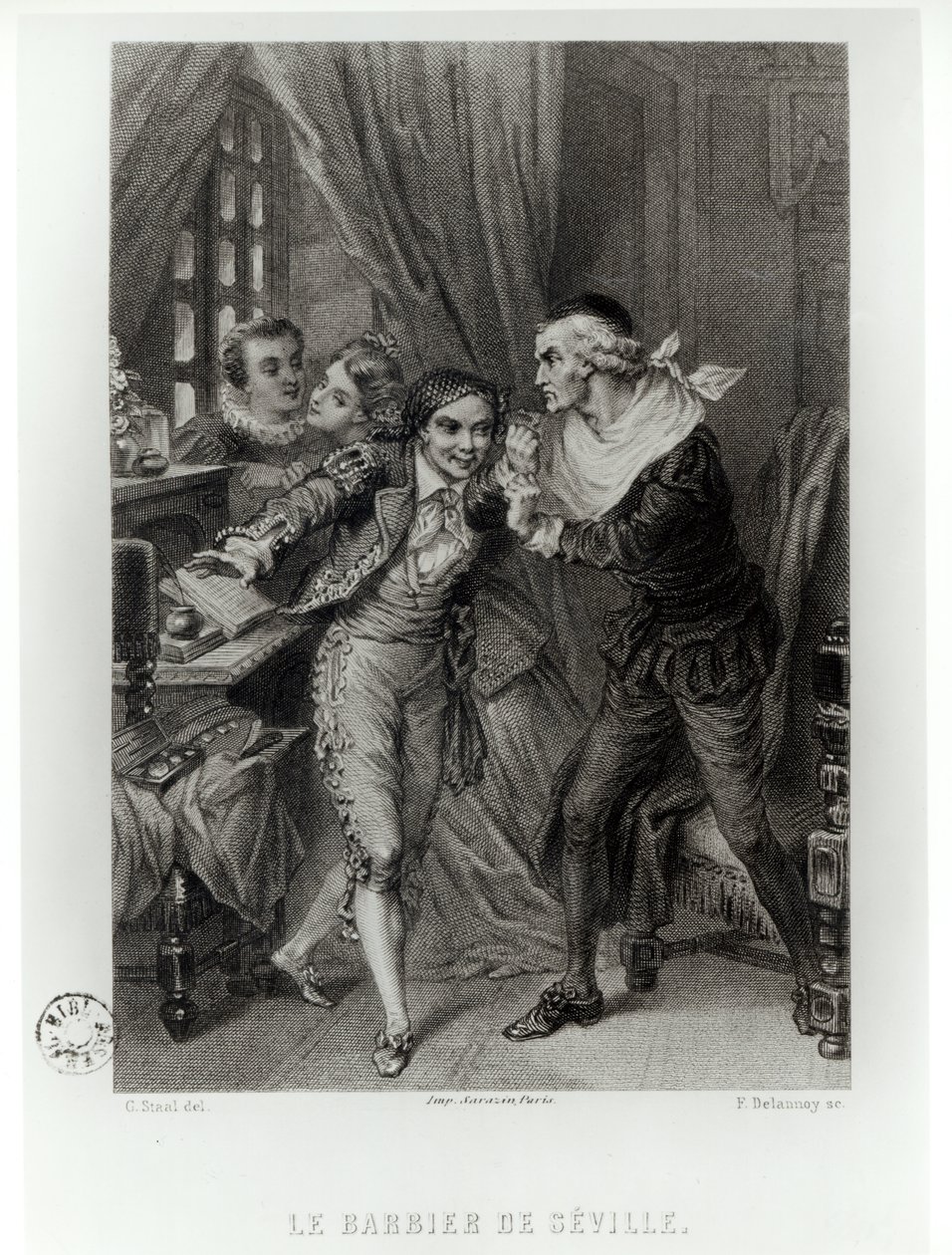Figaro, Illusztráció Pierre Augustin Caron de Beaumarchais (1732-99) „A sevillai borbély” III. felvonásának 12. jelenetéből, Ferdinand Delanoy (fl.1850) metszete, 1874 alkotó: Pierre Gustave Eugene Staal