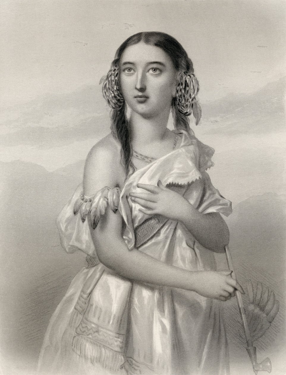 Pocahontas (1595-1617) illusztrációja Mary Cowden Clarke „World Noted Women” című művéből, 1858 alkotó: Pierre Gustave Eugene Staal