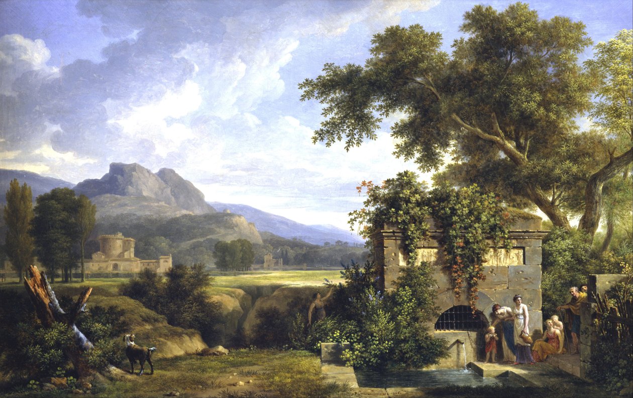 Klasszikus táj, szökőkút melletti figurákkal alkotó: Pierre Henri de Valenciennes