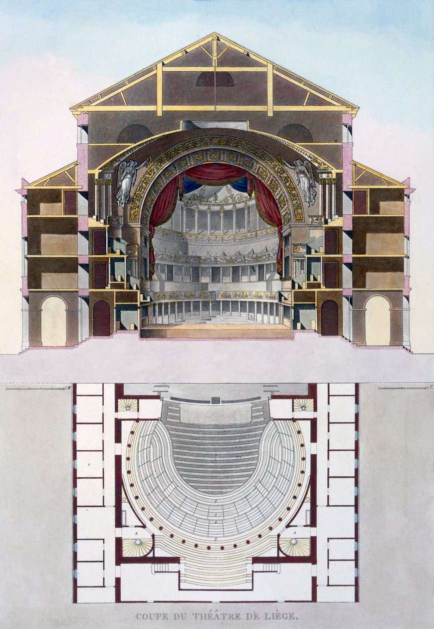 A belgiumi Liege színház keresztmetszete, a "Choix des Monuments, Edifices et Maisons les plus Remarquables du Royaume des Pays-Bas" című, 1827-ben kiadott kiadványból. alkotó: Pierre Jacques Goetghebuer