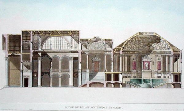 A genti Palais Academique keresztmetszete, Pierre Jacques Goetghebuer, a Holland Királyság legkiemelkedőbb műemlékei, épületei és házai válogatásából, L. Roelandt metszete, kocsma alkotó: Pierre Jacques after Goetghebuer