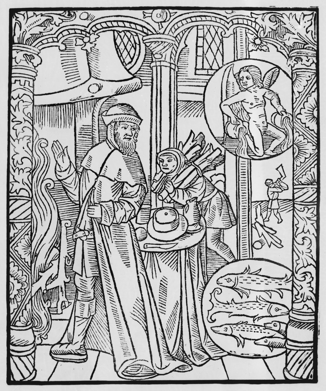 Február, belső jelenet, Aquarius, illusztráció az „Almanach des Bergers”-ből, 1491 (xilográf) alkotó: Pierre Le Rouge