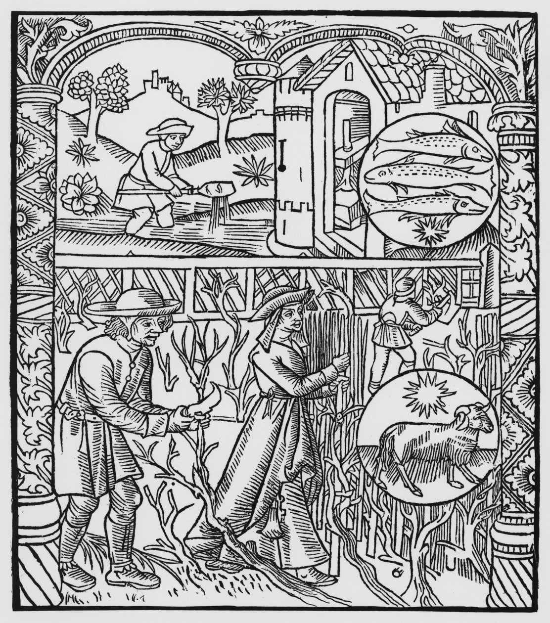 Március, halászat és fák metszése, Halak, illusztráció az „Almanach des Bergers”-ből, 1491 (xilográf) alkotó: Pierre Le Rouge