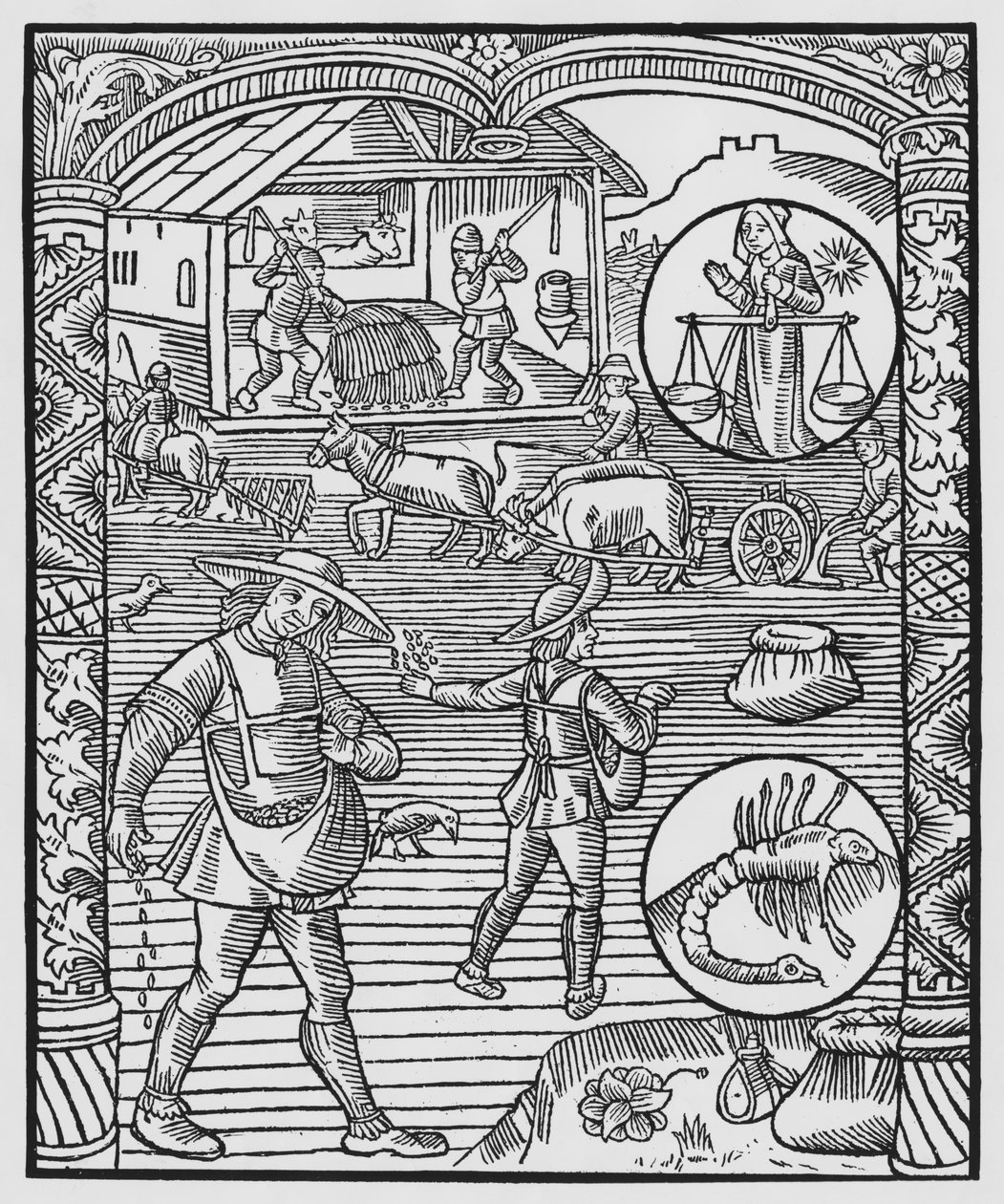 Október, vetés, szántás és cséplés, Mérleg, illusztráció az 1491-es "Almanach des Bergers"-ből (xilográfia). alkotó: Pierre Le Rouge