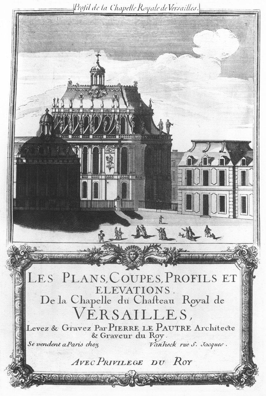 A királyi kápolna, illusztráció a Versailles-i kastély kápolnájának tervei, metszete, profiljai és domborzatai alkotó: Pierre Lepautre