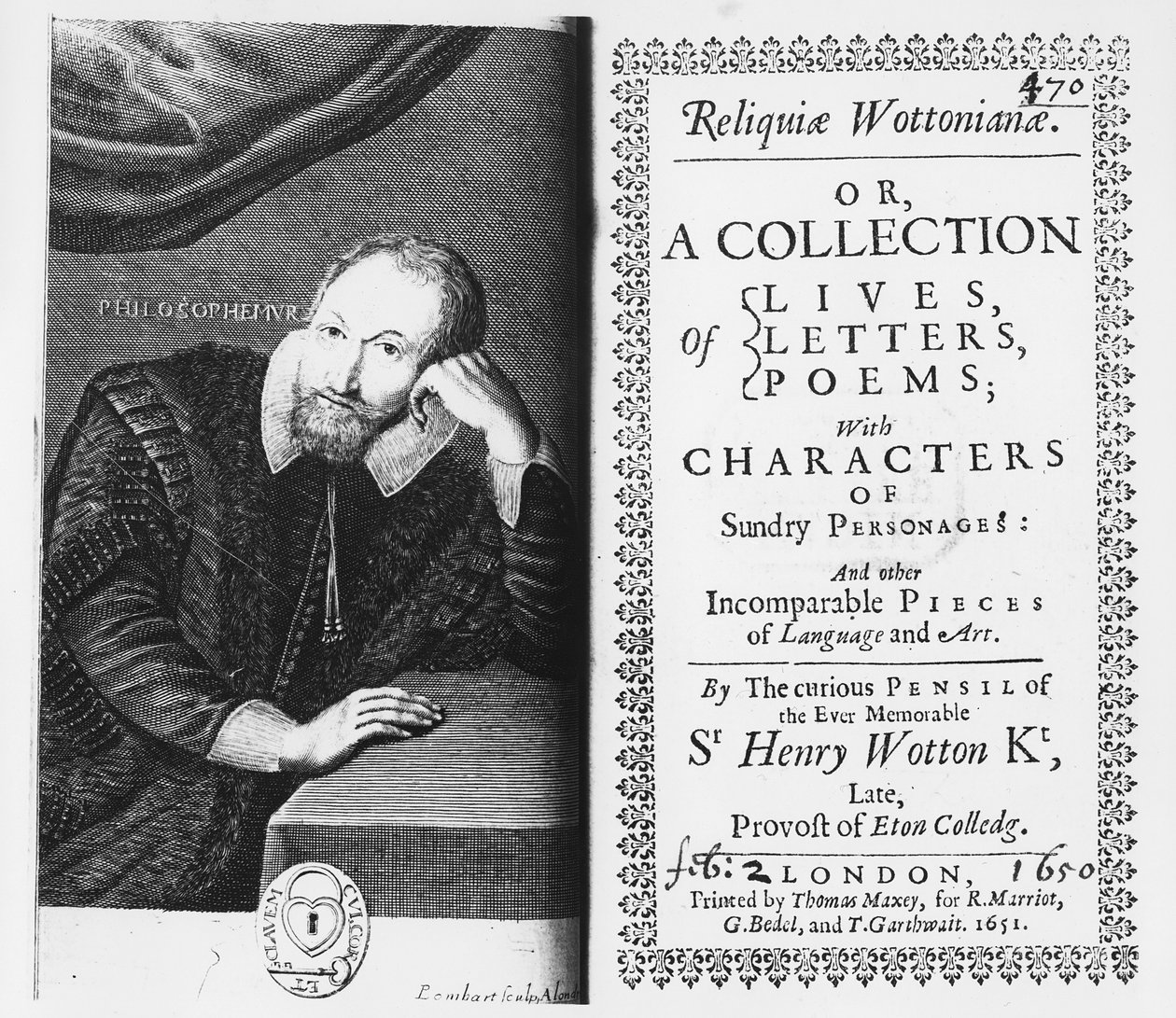 A „Reliquiae Wottonianiae” címlapja és előlapja, 1651 alkotó: Pierre Lombard or Lombart
