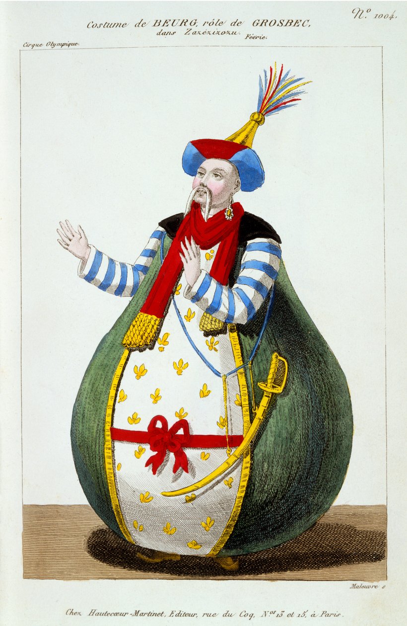 Beurg, a Cirque Olympique jelmeze Grosbec szerepében a Zazezizozuban, a „Le Petite Galerie Dramatique”-ból, 1796. alkotó: Pierre Maleuvre